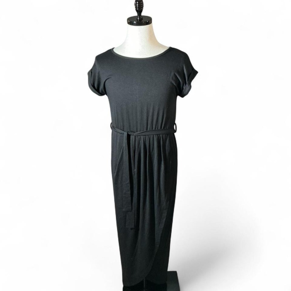 YIDARTON Black Short Sleeve Belted Maxi Dress‎ Women's Size S Casual Wrap Style